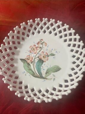 EAPG , White Milk Glass Hand Painted Floral and Opened Lattice Edge
